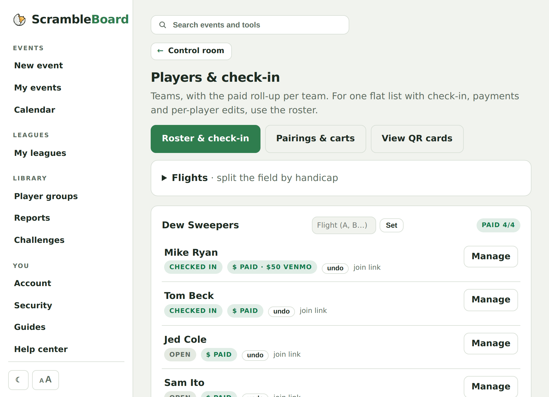 The players and check-in roster with paid tracking