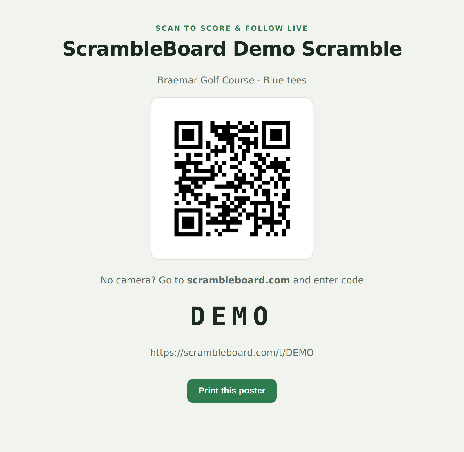 Printable QR poster with a short join code