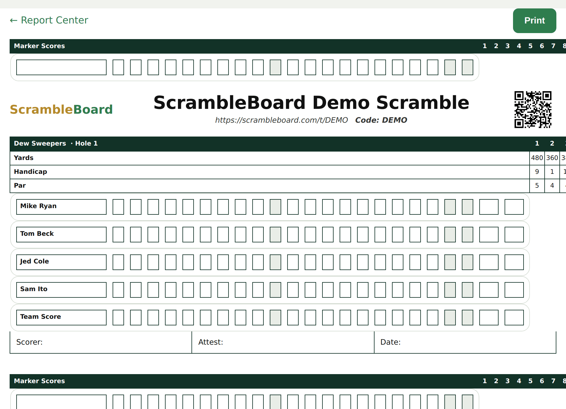 A printable tournament scorecard
