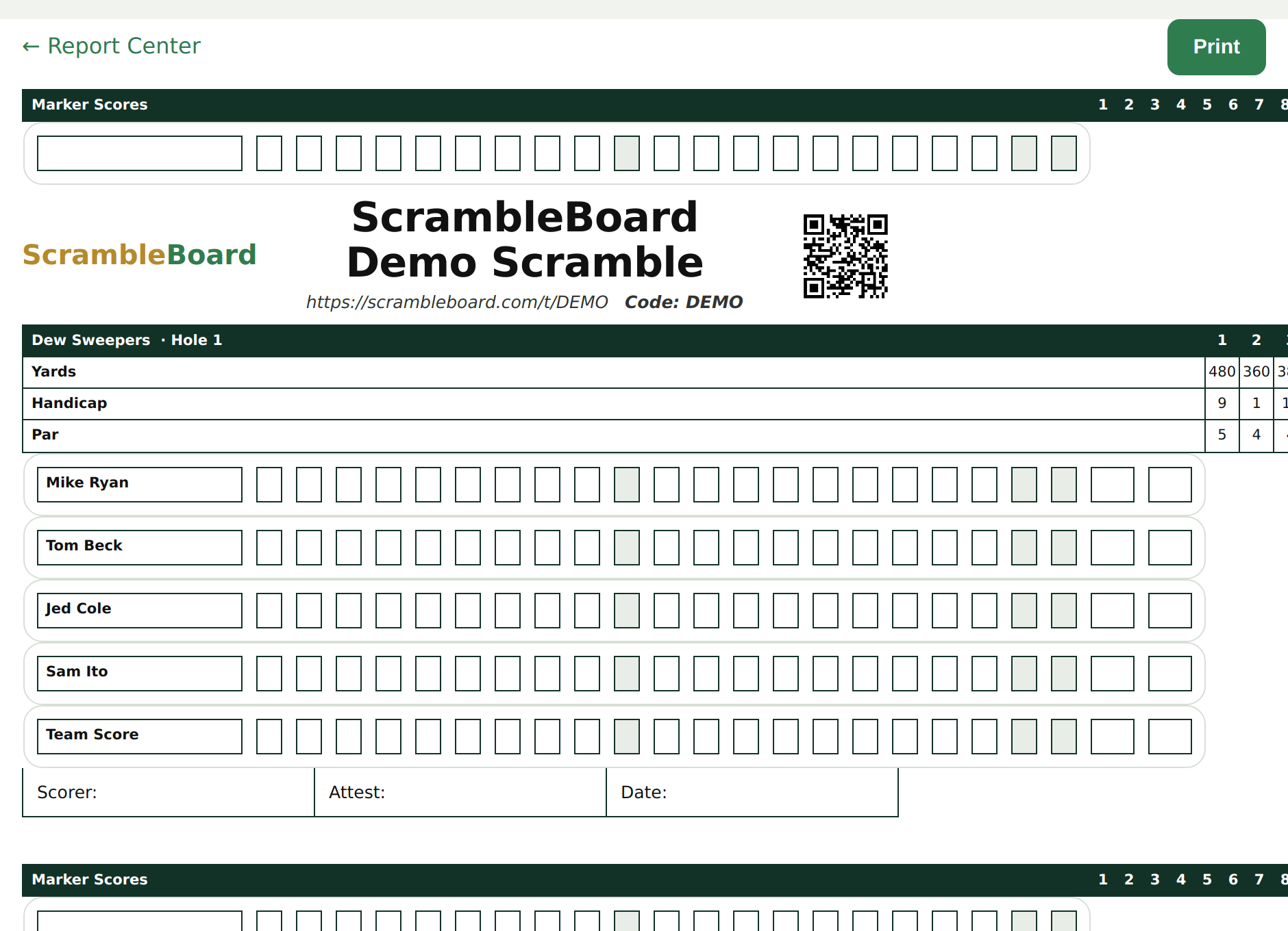 A printable tournament scorecard